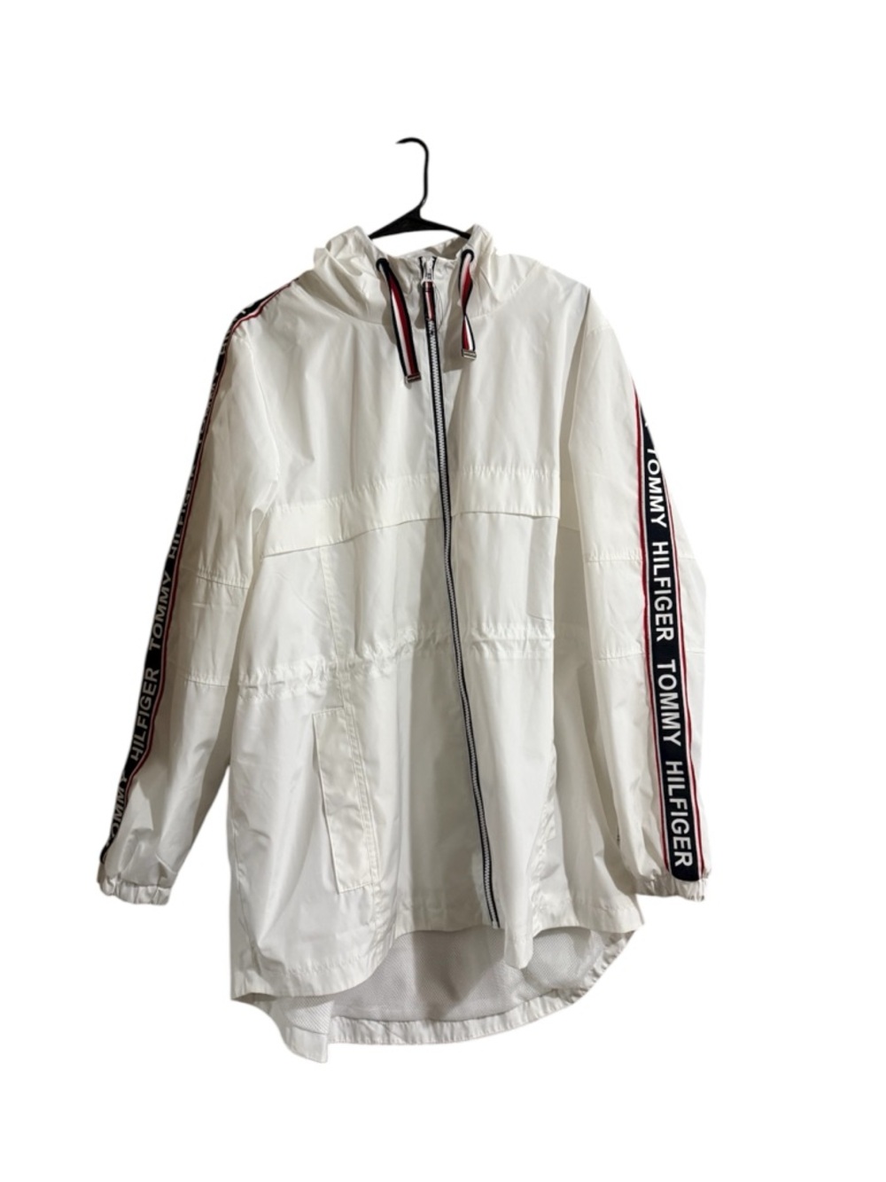 Tommy Hilfiger White Hooded Windbreaker with Logo Tape